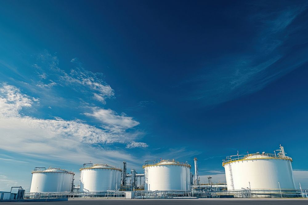 Industrial storage tanks under sky