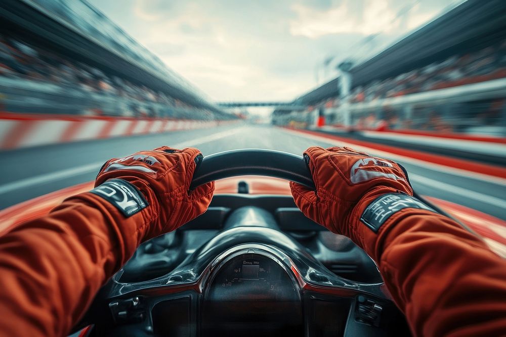 Racing car cockpit gloves driving track.