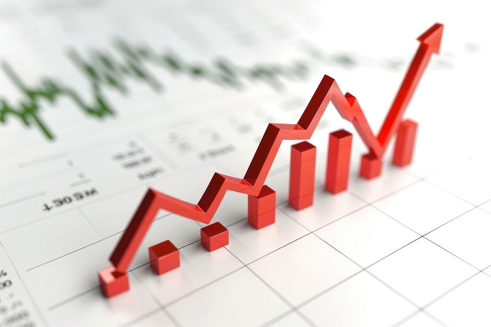 Red arrow pointing downwards market chart stock.