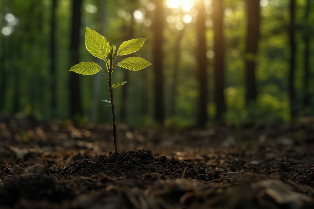 A small green sprout grows in the forest on brown soil nature sunlight leaves.