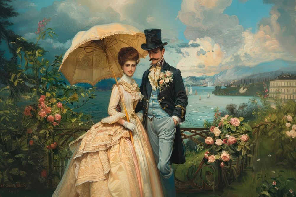 Victorian couple by scenic lake