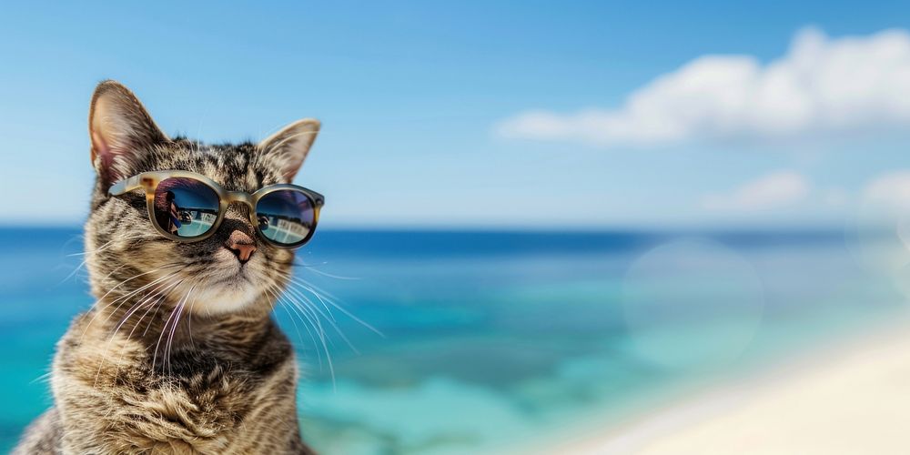 Cat wearing sunglasses outdoors beach accessories.