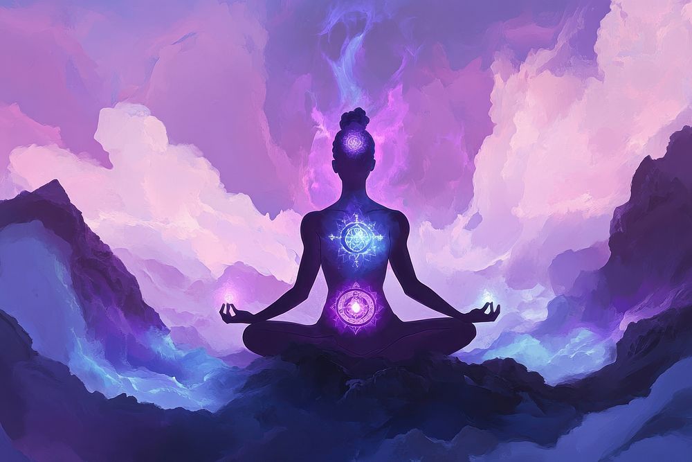 A person meditating with chakra symbols art illustration background.