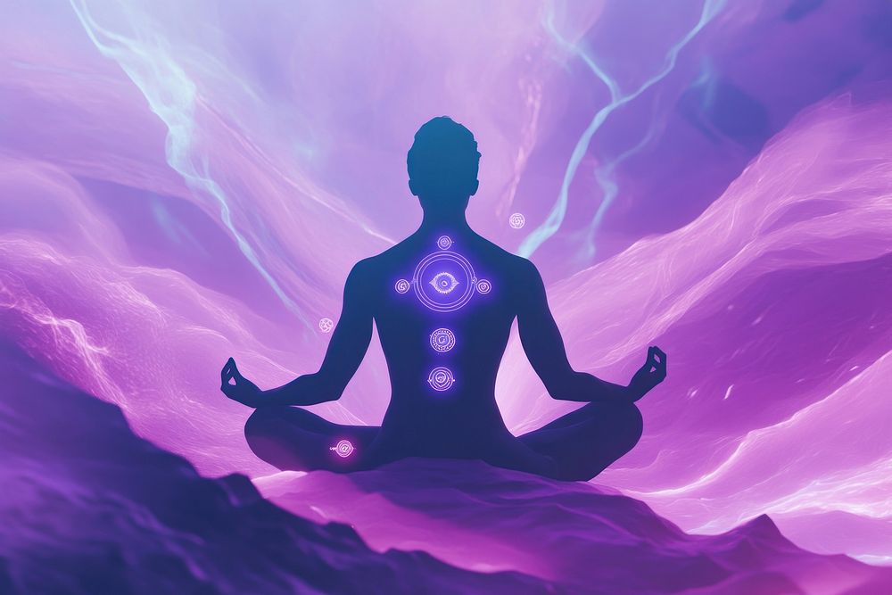 A person meditating with chakra symbols purple background chakras.