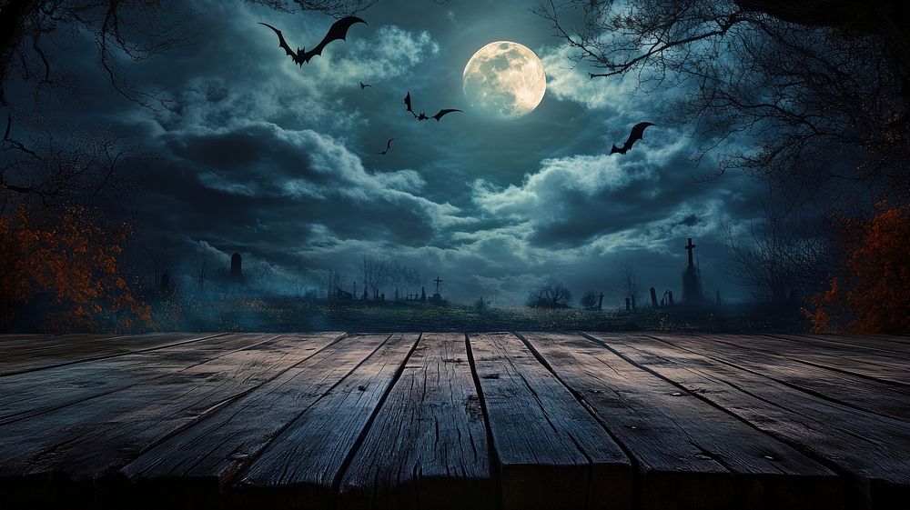 Halloween background night moon wood.