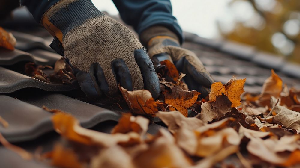 Cleaning the roof of leaves autumn glove house.