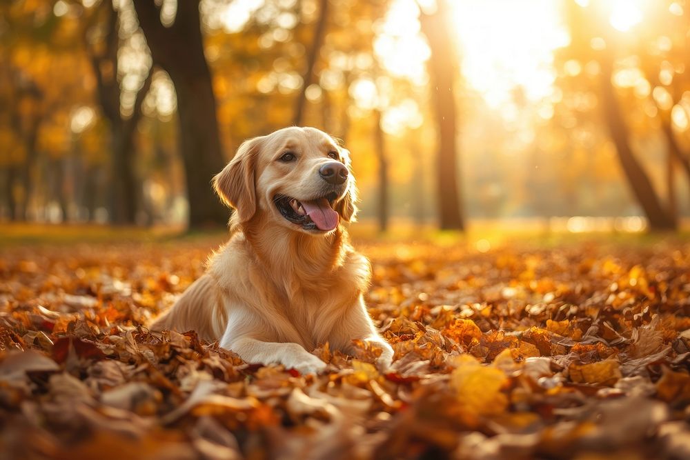 Golden Retriever dog playing in autumn leaves at the park retriever golden happy.