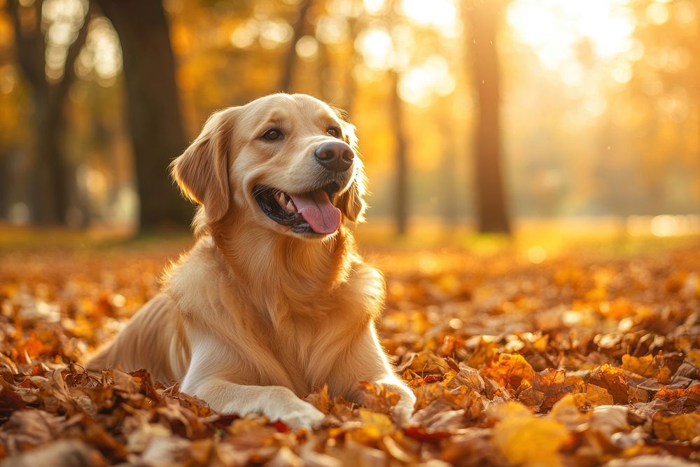 Golden Retriever dog playing in autumn leaves at the park retriever golden happy.