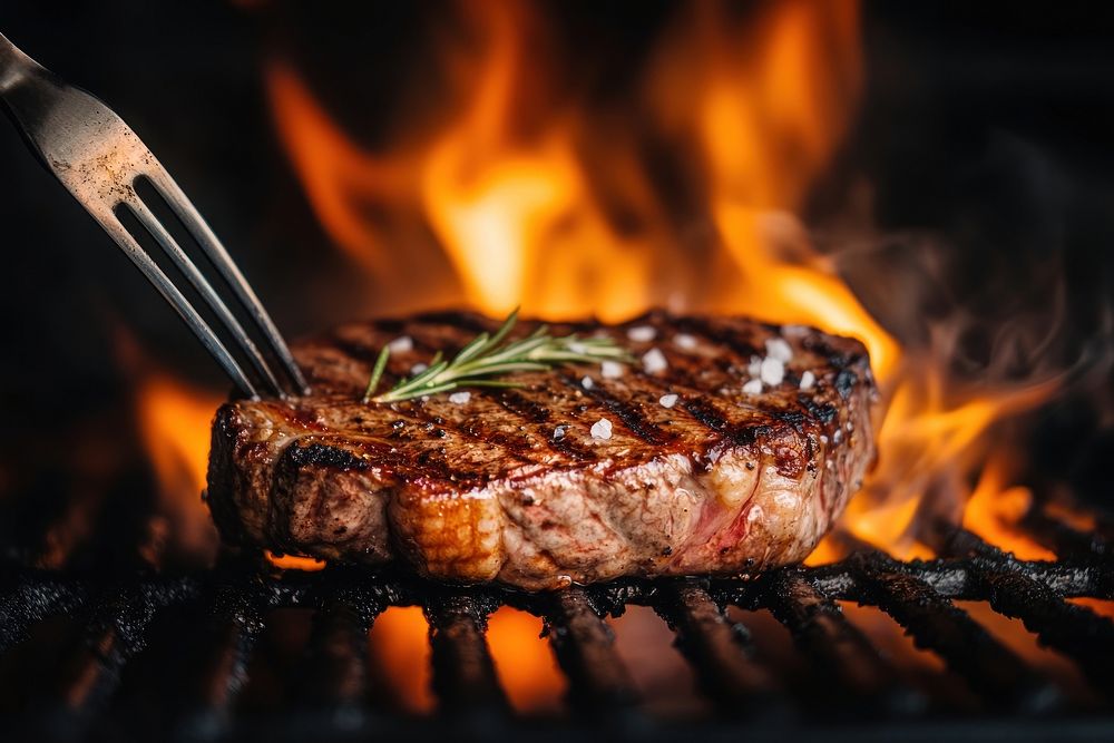 A ribeye steak on the grill with fire flame grilling cooking.