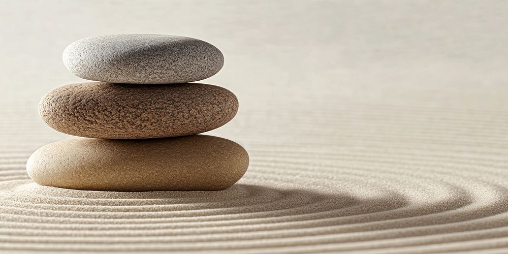 Three stones on top of each other in the center background sand spa.