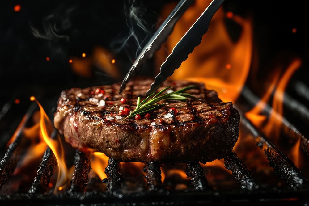 A steak on the grill with fire tongs flame grilling.