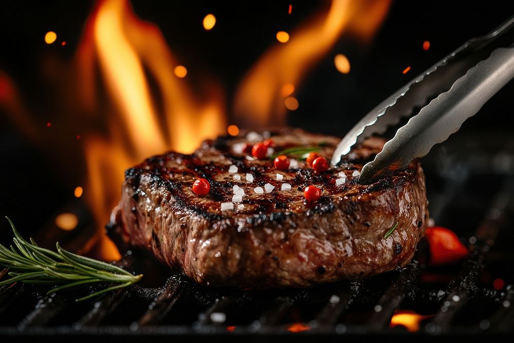 A steak on the grill with fire tongs grilling cooking.