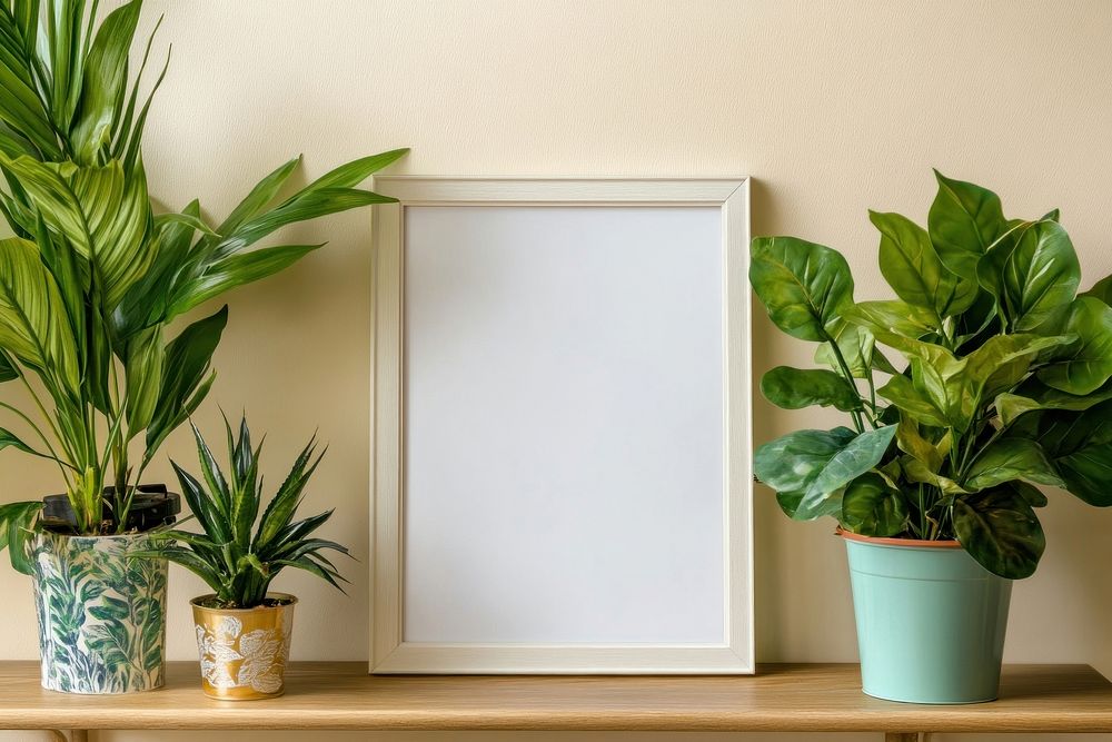 Blank wooden frame plants houseplants potted.