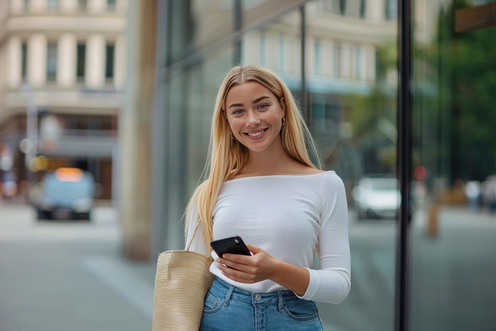 Blonde woman happy phone hair.