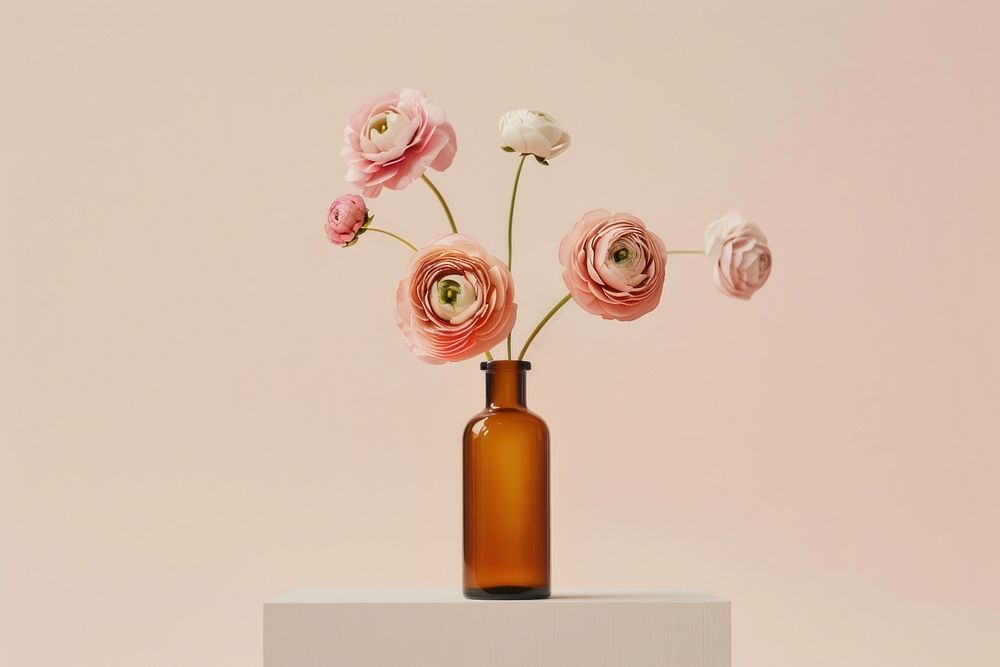 Aesthetic bottle mockup flower pottery blossom.