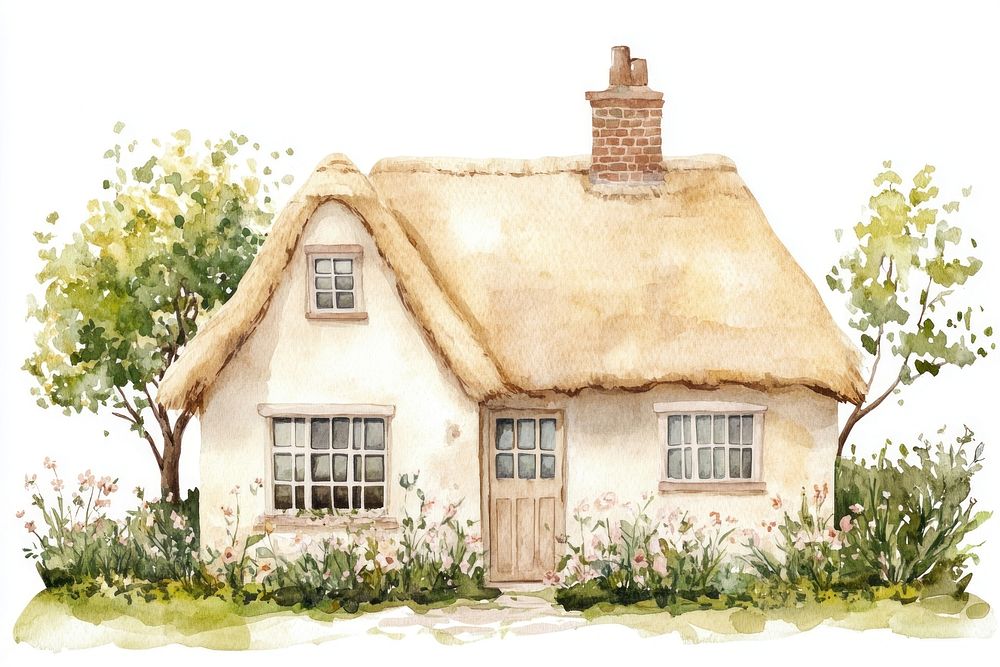 English cottage architecture illustration countryside.