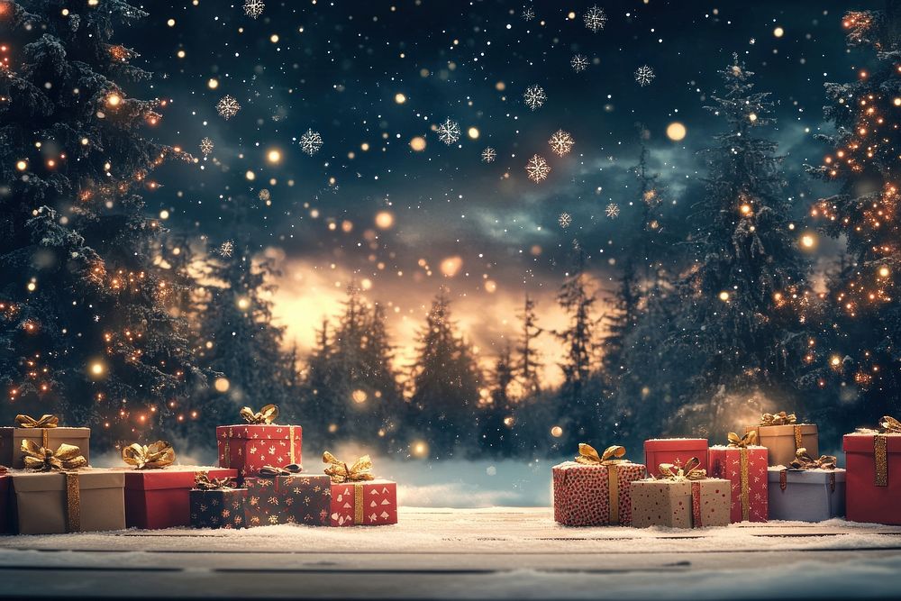 Background with a starry Christmas night sky christmas snowflakes forest.