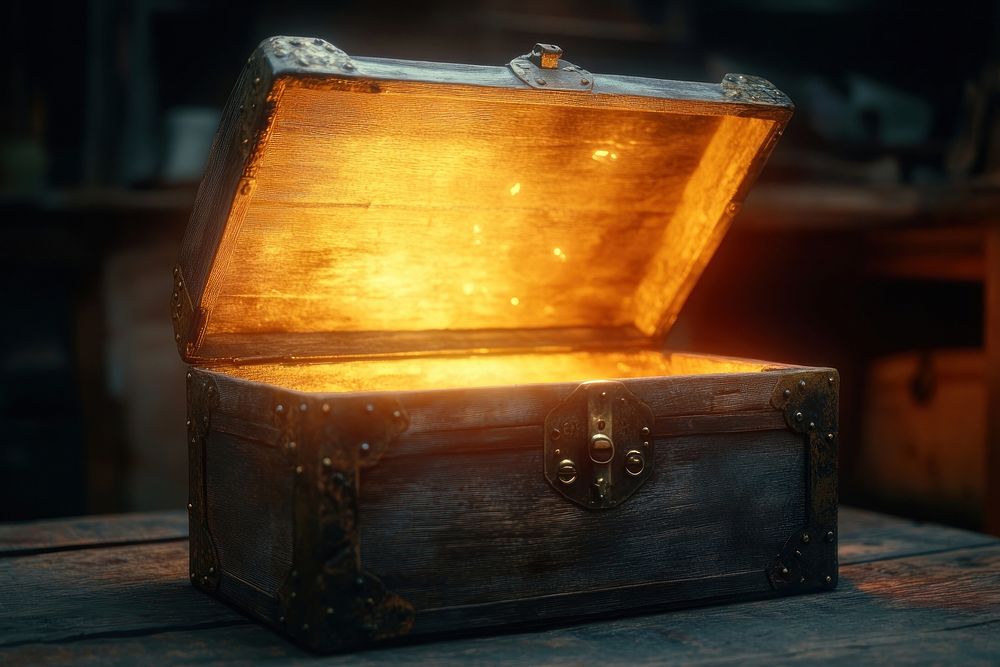 Vintage open wooden chest treasure glowing light.