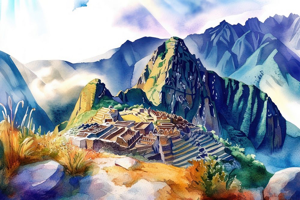 Machu Picchu landmark illustration watercolor.