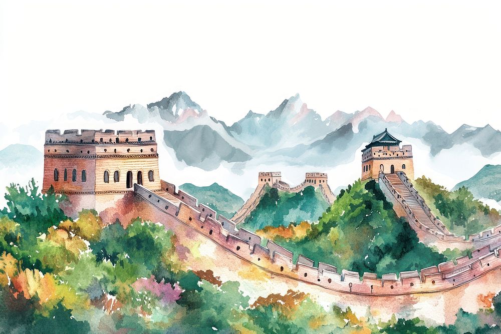 Great Wall of China architecture illustration watercolor.