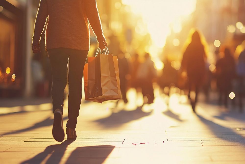 People walking along the street person bags shopping.