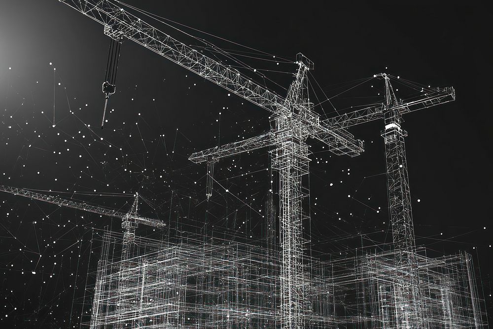 Digital construction site blueprint architecture technology wireframe.