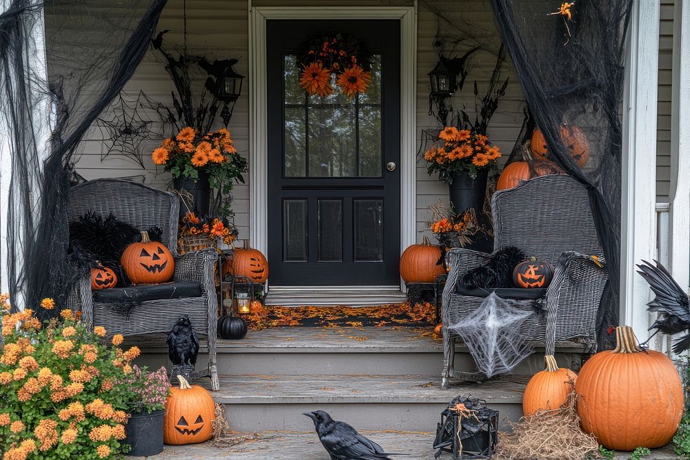 Halloween front porch decorated halloween chairs pumpkins.