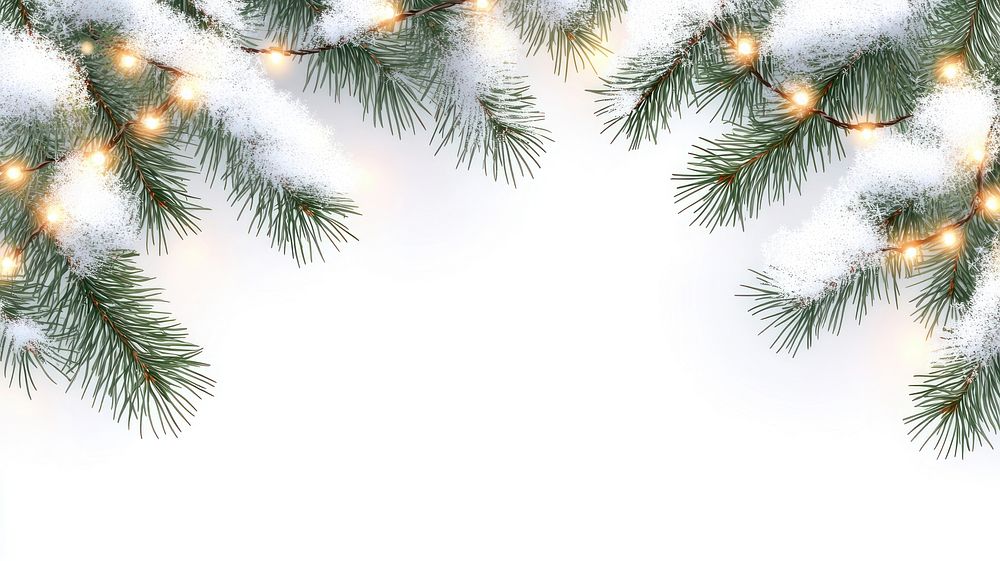 Branches with snow and lights christmas pine decoration.