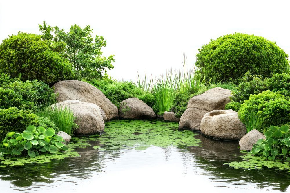 Real manmade landscape border pond vegetation outdoors.