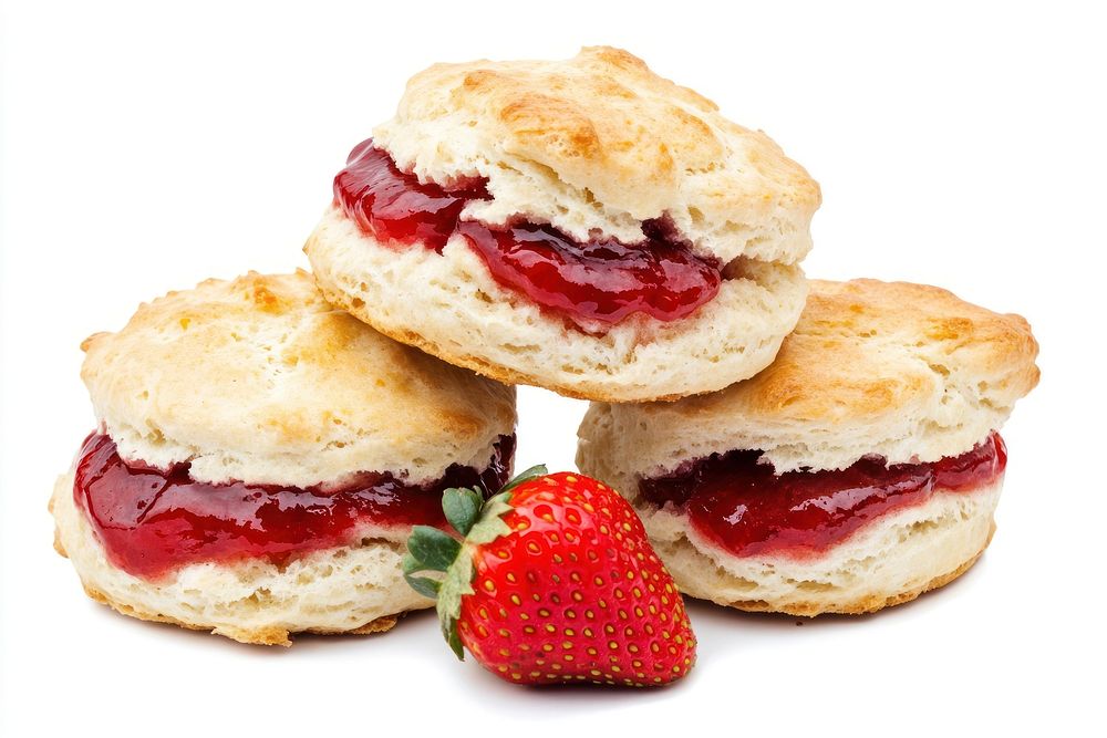 Three strawberry classic scones food jam delicious.