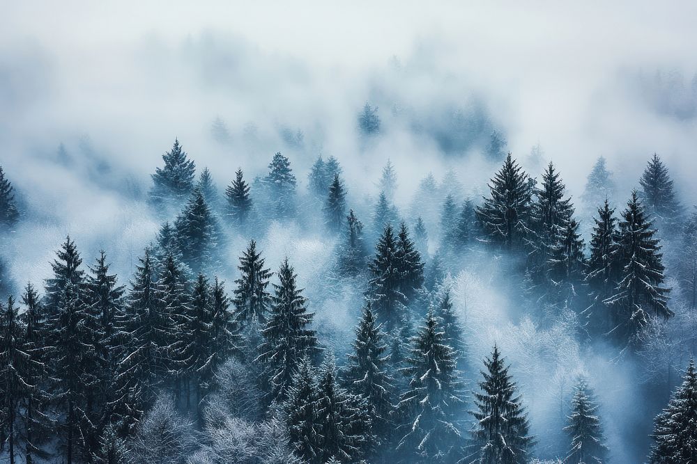 A misty forest landscape with tall trees nature fog vegetation.