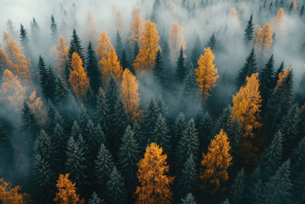 A misty forest landscape with tall trees nature vegetation outdoors.