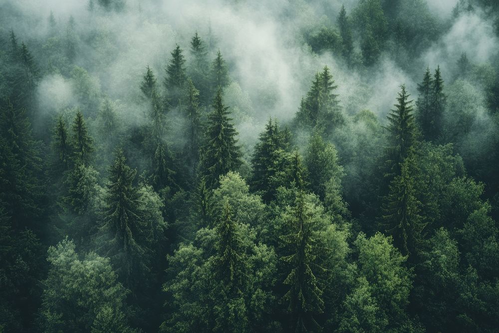 A misty forest landscape with tall trees nature fog vegetation.