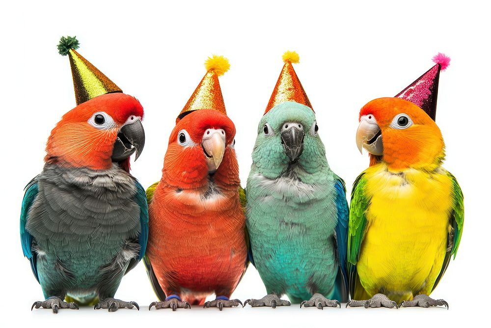 Parrots birds hats animals.