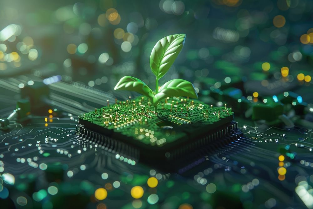 Glowing of little baby plant electronics hardware printed circuit board.