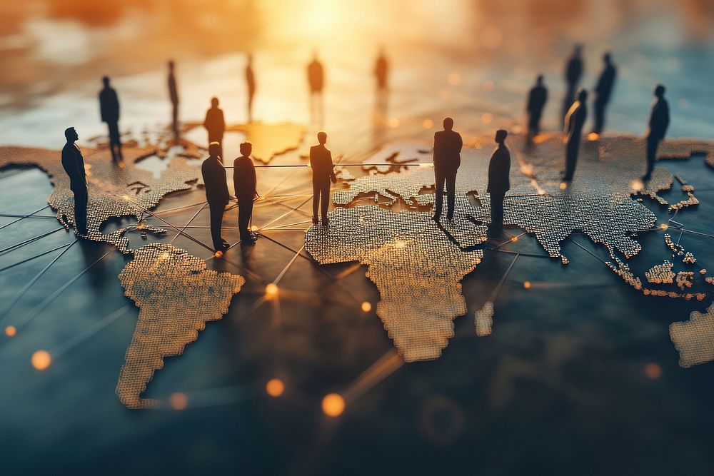 Business people standing on a world map person connections network.