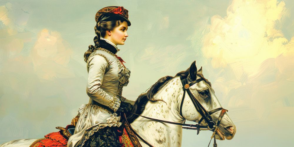 Woman on horse illustration historical background.