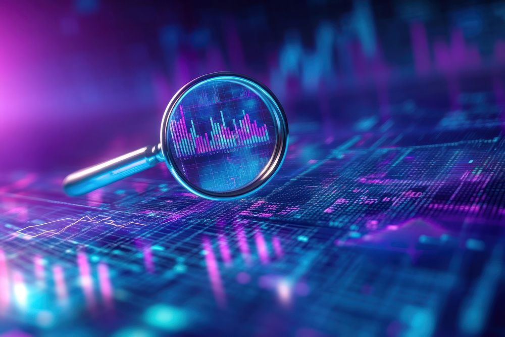 Magnifying glass floats over futuristic digital charts and graphs blackboard security person.