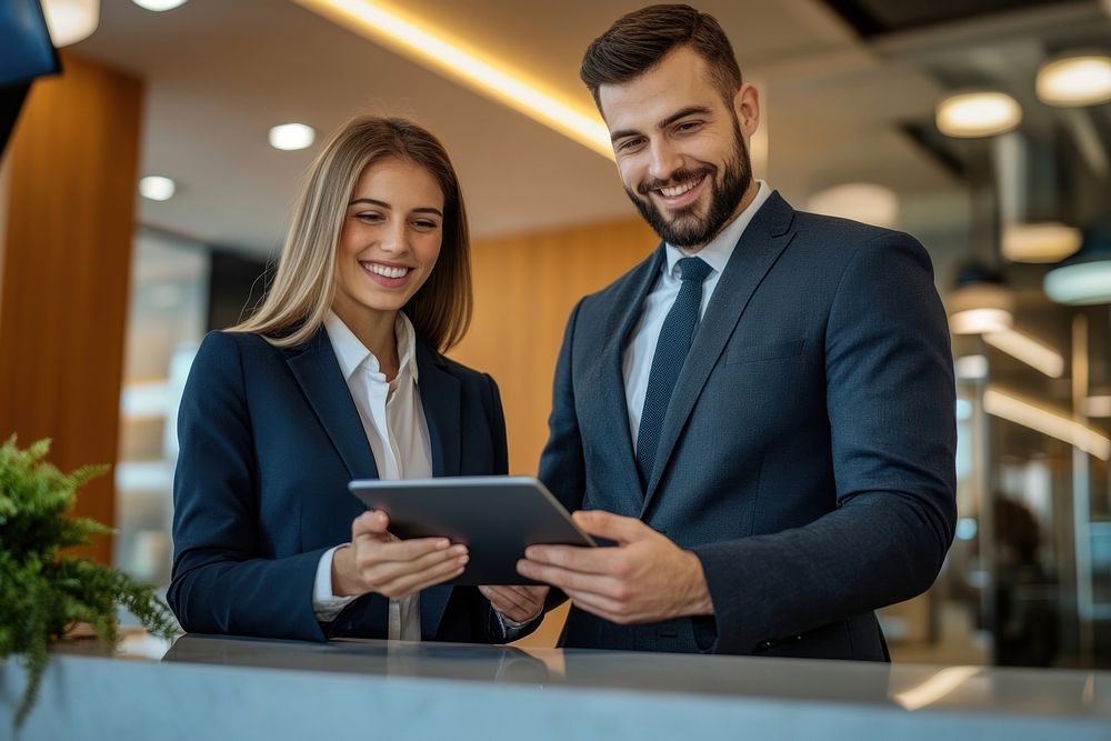 Business man and woman in suits smiling while using a tablet office professionals collaboration.