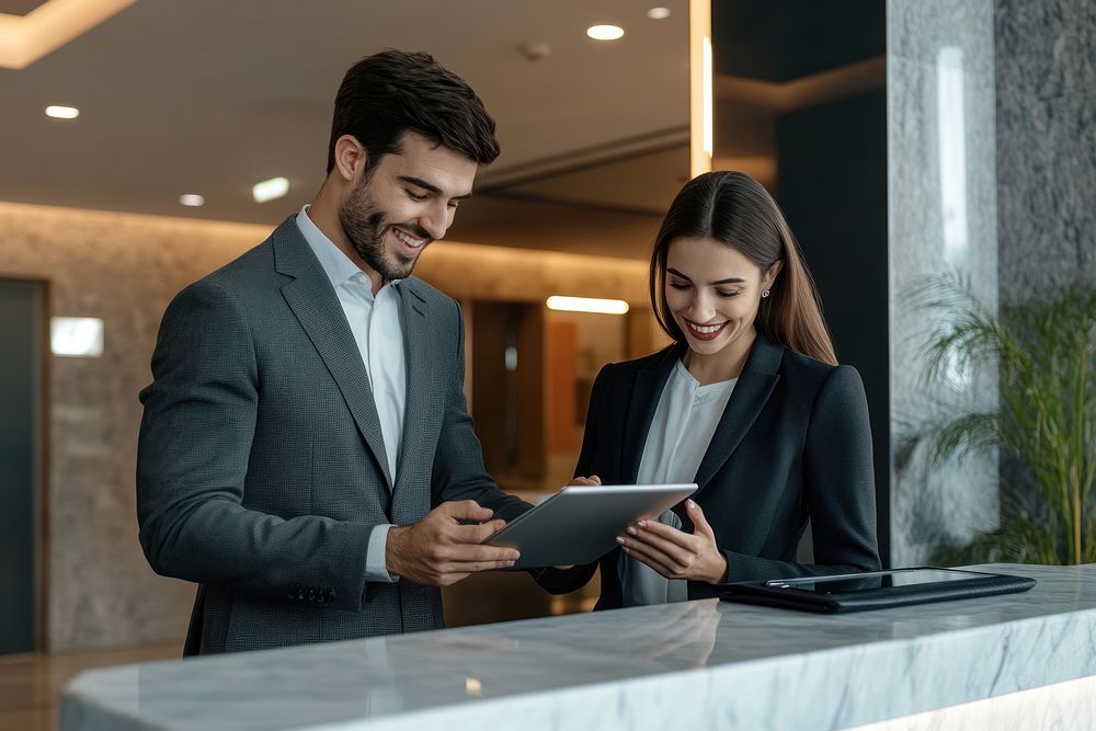 Business man and woman in suits smiling while using a tablet office modern professionals.