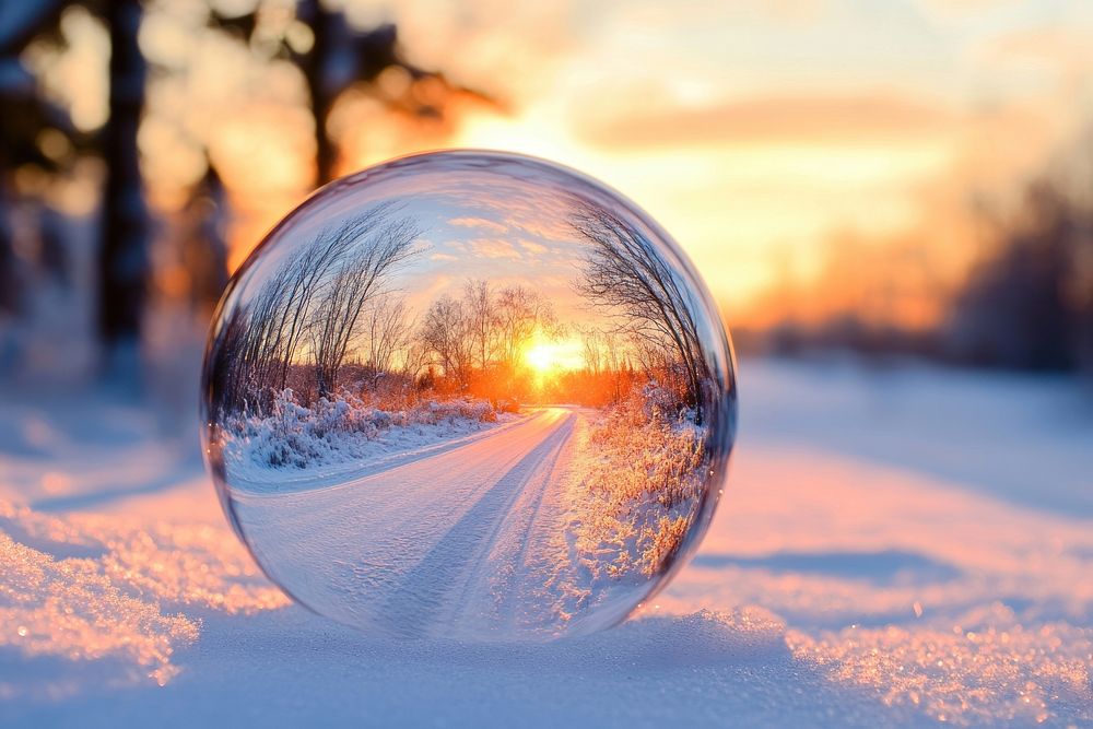 Glass Christmas ball photography reflection landscape.