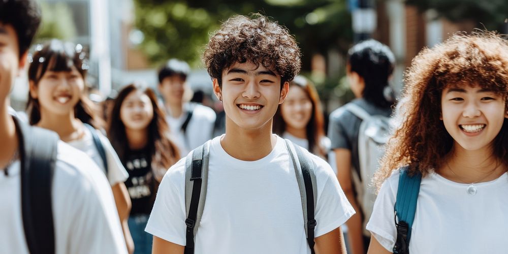 Asian students walking down the street smiling casual happy.