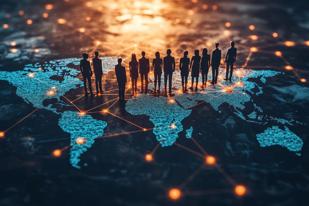 Business people standing on a world map connectivity connections network.