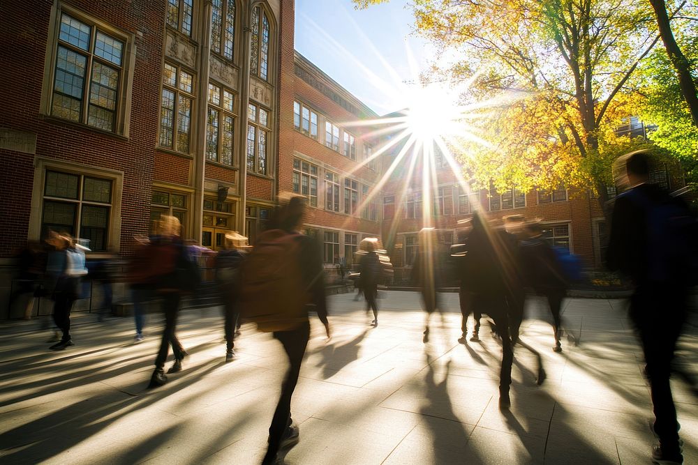 Students walking through the courtyard sunlight photography outdoors.