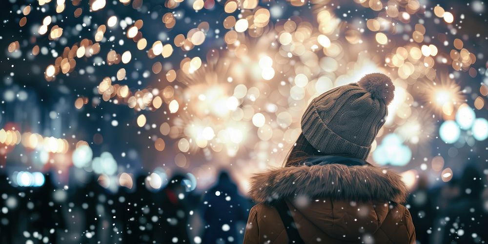 A young woman in winter watches the fireworks display on Christmas Eve photography outdoors female.