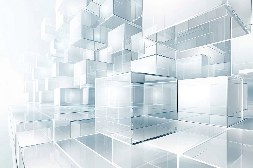 Abstract white background with transparent glass cubes and geometric shapes art.