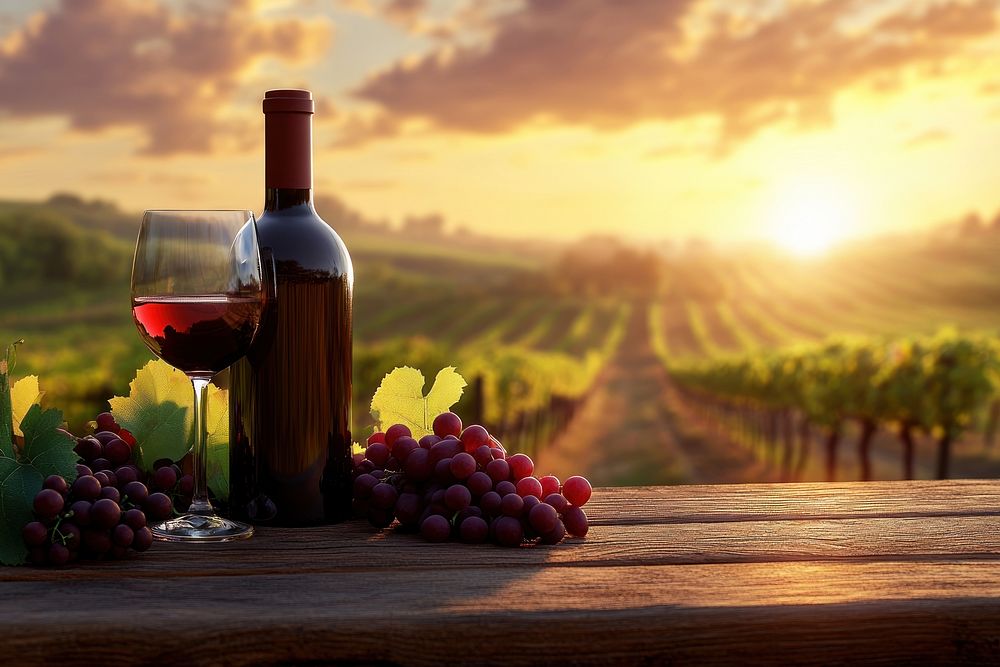 Red wine with glass and grapes vineyard outdoors sunset.