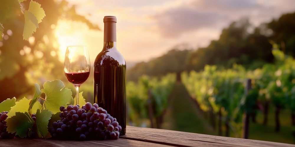 Red wine with glass and grapes vineyard outdoors sunset.