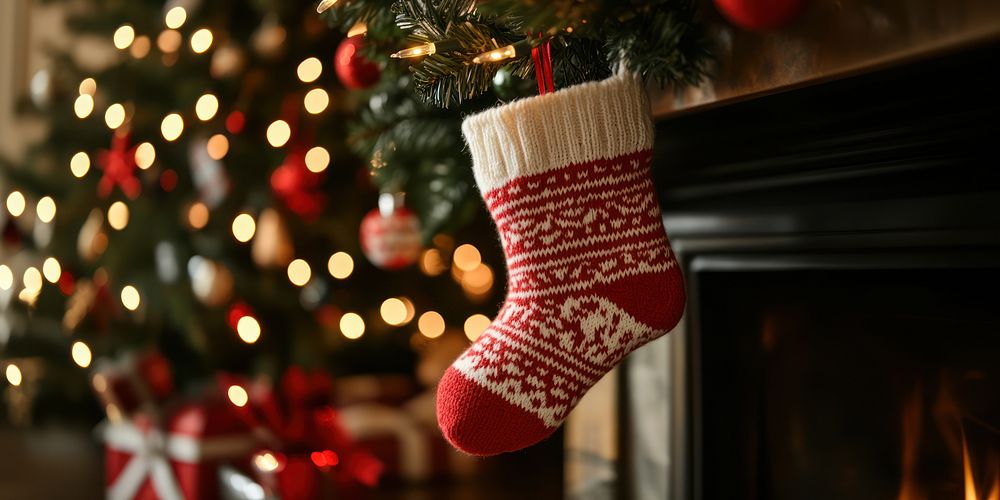 Christmas red and white knitted sock christmas fireplace stocking.