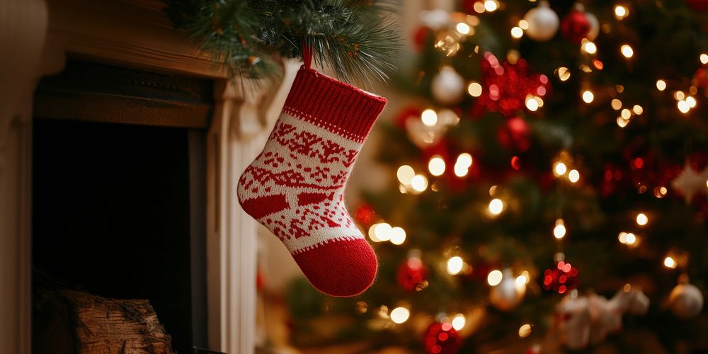 Christmas red and white knitted sock christmas fireplace stocking.